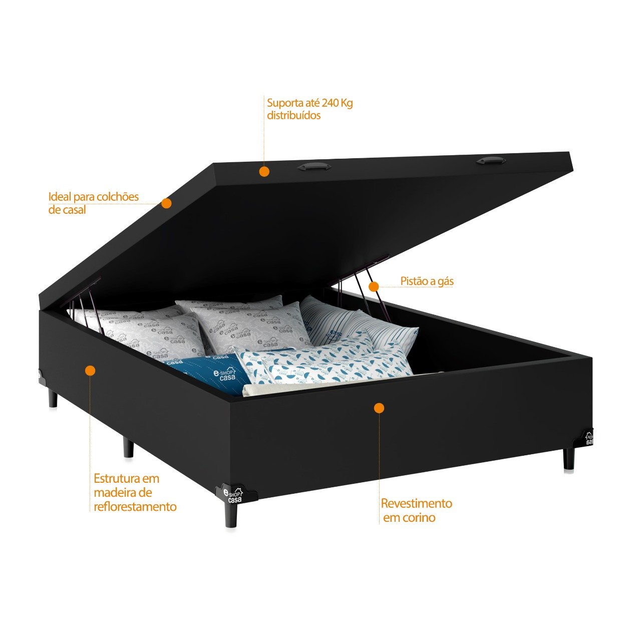 Cama Box Baú Casal - 44x138x188cm - Couro Preto - 5