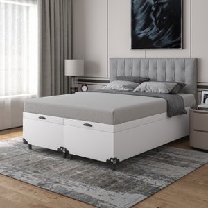 Cama Box Baú Queen Bipartido - 44x158x198cm - Couro Branco