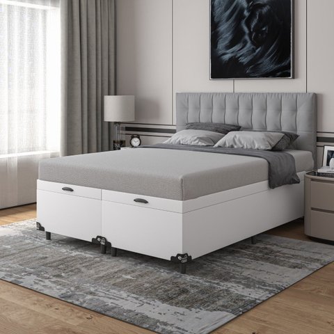 Cama Box Baú Queen Bipartido - 44x158x198cm - Couro Branco