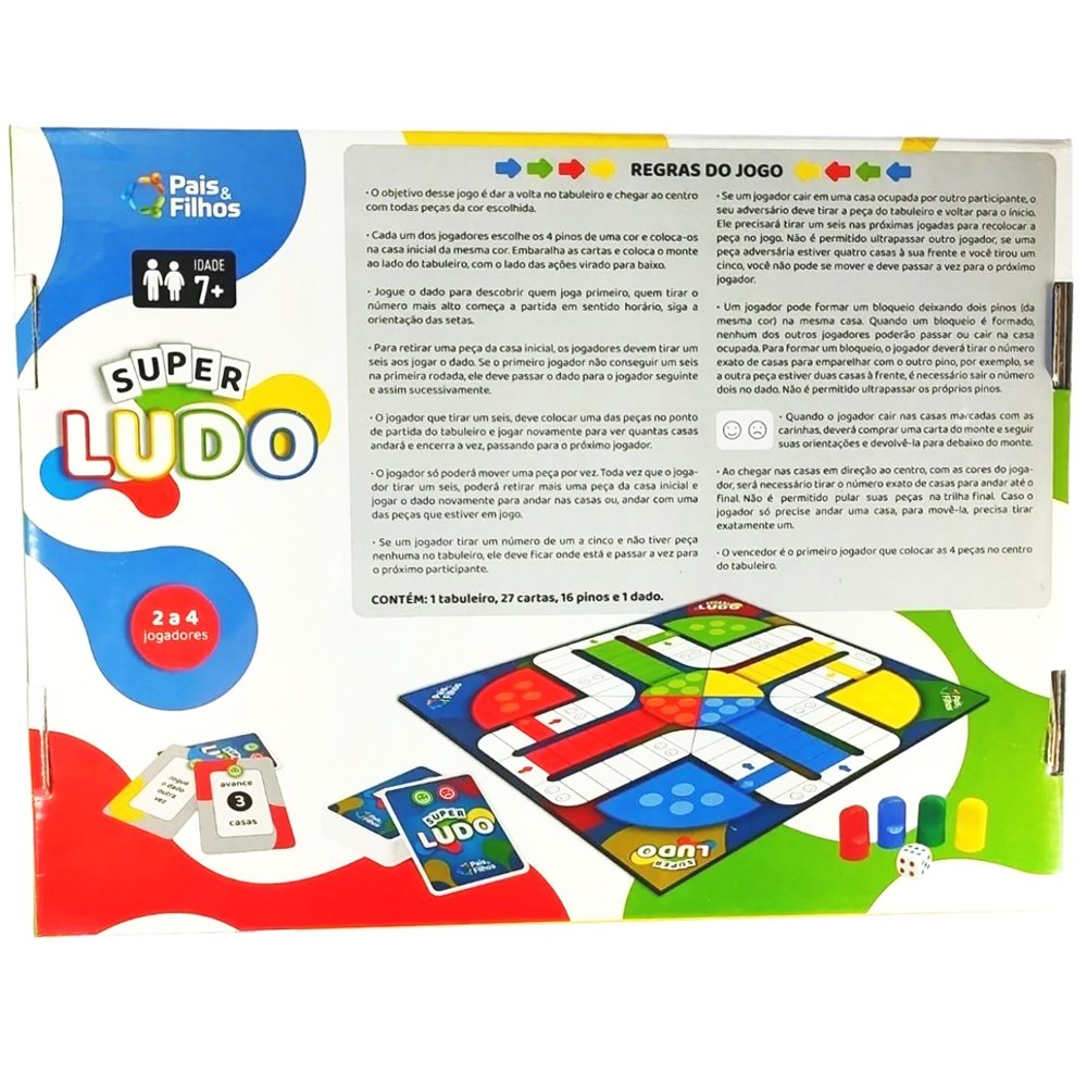 Jogo Tabuleiro Super Ludo Trilha Jogos de Tabuleiro Jogo Clássico Cartas  Original Pais & Filhos 7 + Anos com inmetro