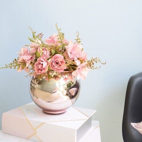 Arranjo de Flor Artificial Rosas Rosa no Vaso de Vidro Rose Gold