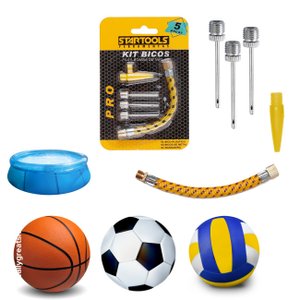 Kit com 4 Bicos e Mangueira para Encher Piscinas Boias e Bolas de Futebol Vôlei Basquete