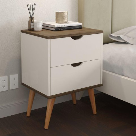 Mesa de Cabeceira Madri 2 Gavetas Off White com Canela