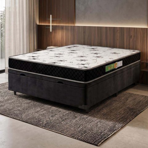 Cama Box com Baú Casal Colchão Espuma 138x188x50cm Polar Branco / Preto