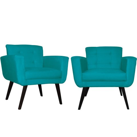 Kit 2 Poltronas Decorativa Geovana Suede Azul Tifany Pés Madeira Ms Decor