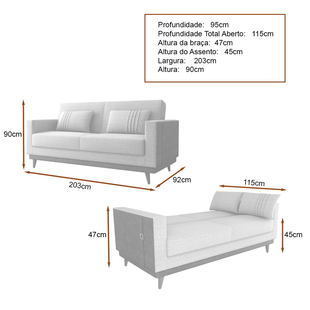 Sofá Cama Pala 203cm Reclinável Courino Marrom | Linho Bege - Sallar Home - 3