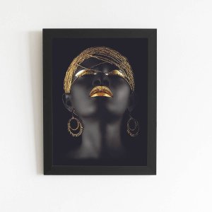 Mulher Preta Maquiagem Dourada Quadro Moldura Preta 60x40cm