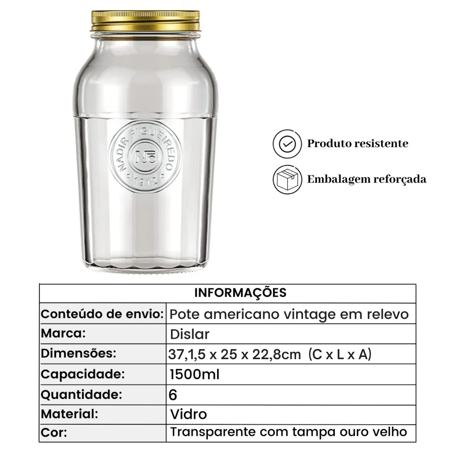 Caixa com 6 potes em vidro Americano Vintage 1,5L Incolor - 4