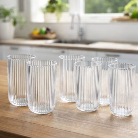 Conjunto 6 Copos Vidro Canelado 420ml Transparente Drink Whisky Gin Agua Suco