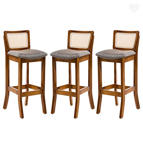 Kit 3 Banquetas Alta em Madeira Imbuia Portugal Estofada Linho Cinza L55 Rmi