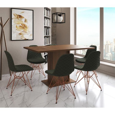 Mesa Jantar Londres Retangular Amêndoa 137x90cm 6 Cadeiras Estofadas Verde Base Cobre