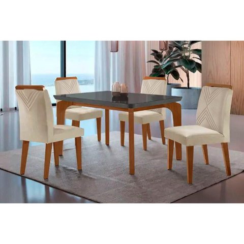 Sala de Jantar Completa Londrina C/ Tampo Madeirado Vidro Canto Curvo 120x80cm e 4 Cadeiras Amsterd