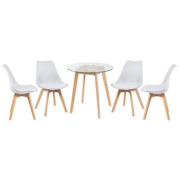 Conjunto de Mesa de Vidro Leda 70cm + 4 Cadeiras Estofadas Leda Branco - 1