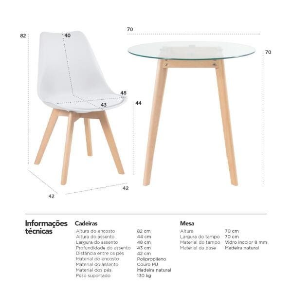 Conjunto de Mesa de Vidro Leda 70cm + 4 Cadeiras Estofadas Leda Branco - 10