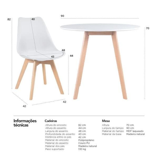 Conjunto de Mesa de Jantar Redonda 90cm Branco + 4 Cadeiras Estofadas Leda Branco - 9