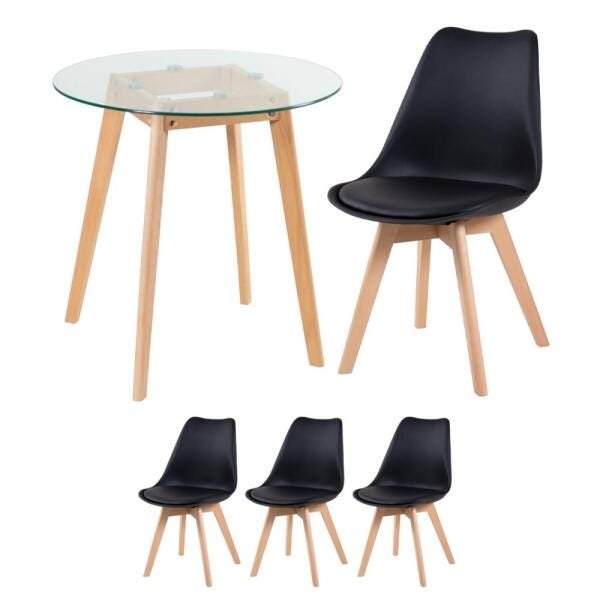 Conjunto de Mesa de Vidro Leda 70cm + 3 Cadeiras Estofadas Leda Preto - 1