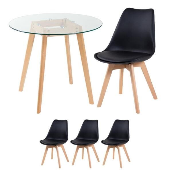 Conjunto de Mesa de Vidro Leda 80cm + 3 Cadeiras Estofadas Leda Preto - 1