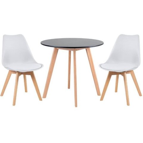Conjunto de Mesa Redonda Leda 80cm Preto + 2 Cadeiras Estofadas Leda Branco
