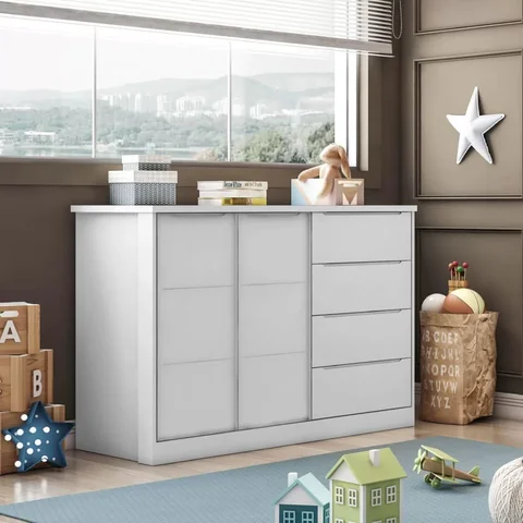 Cômoda Sapateira 4 Gavetas 2 Portas com Cabideiro Infantil Pérola Branca - Phoenix Baby