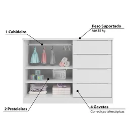 Cômoda Sapateira 4 Gavetas 2 Portas Com Cabideiro Infantil Pérola Branca - Phoenix Baby - 3