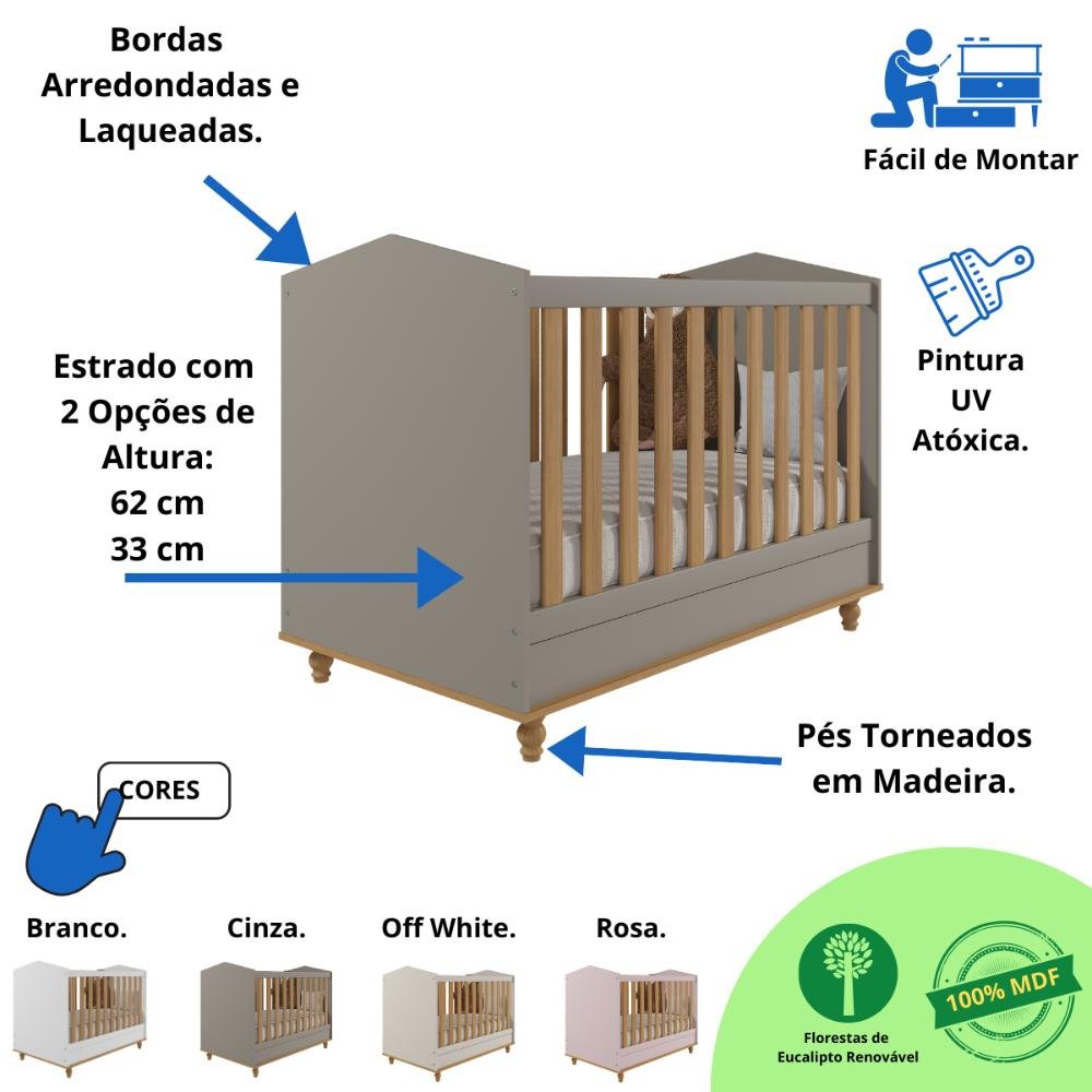 Quarto Bebê Completo Berço Americano 3 em 1 Cômoda 1 Porta 100% Mdf - 4