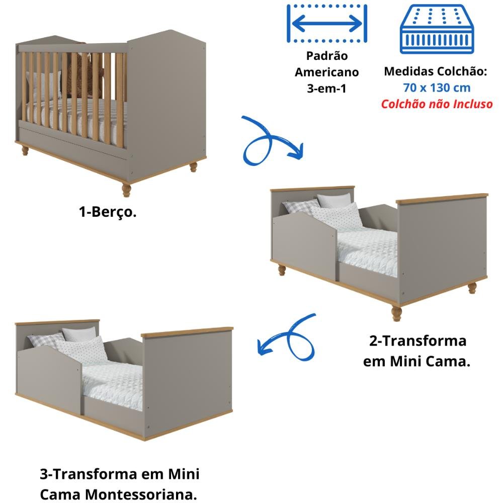 Quarto Bebê Completo Berço Americano 3 em 1 Cômoda 1 Porta 100% Mdf - 3