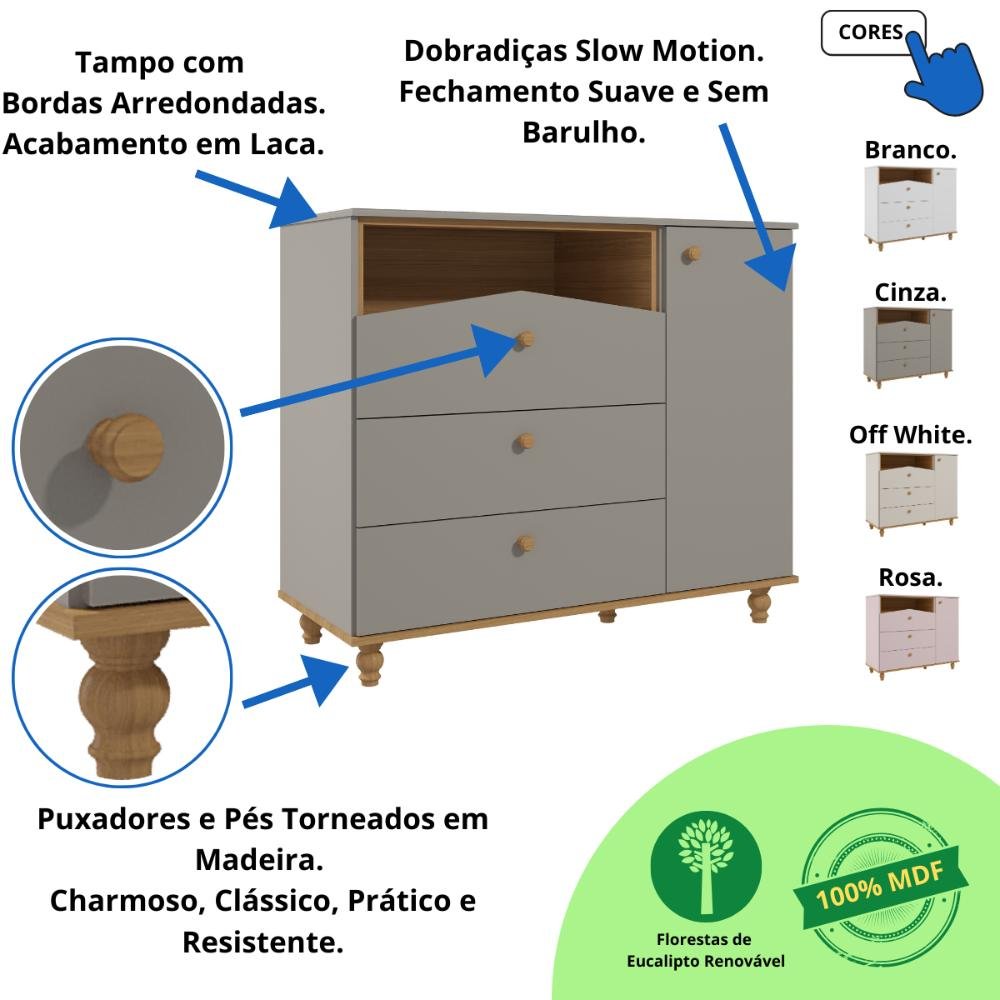 Quarto Bebê Completo Berço Americano 3 em 1 Cômoda 1 Porta 100% Mdf - 6