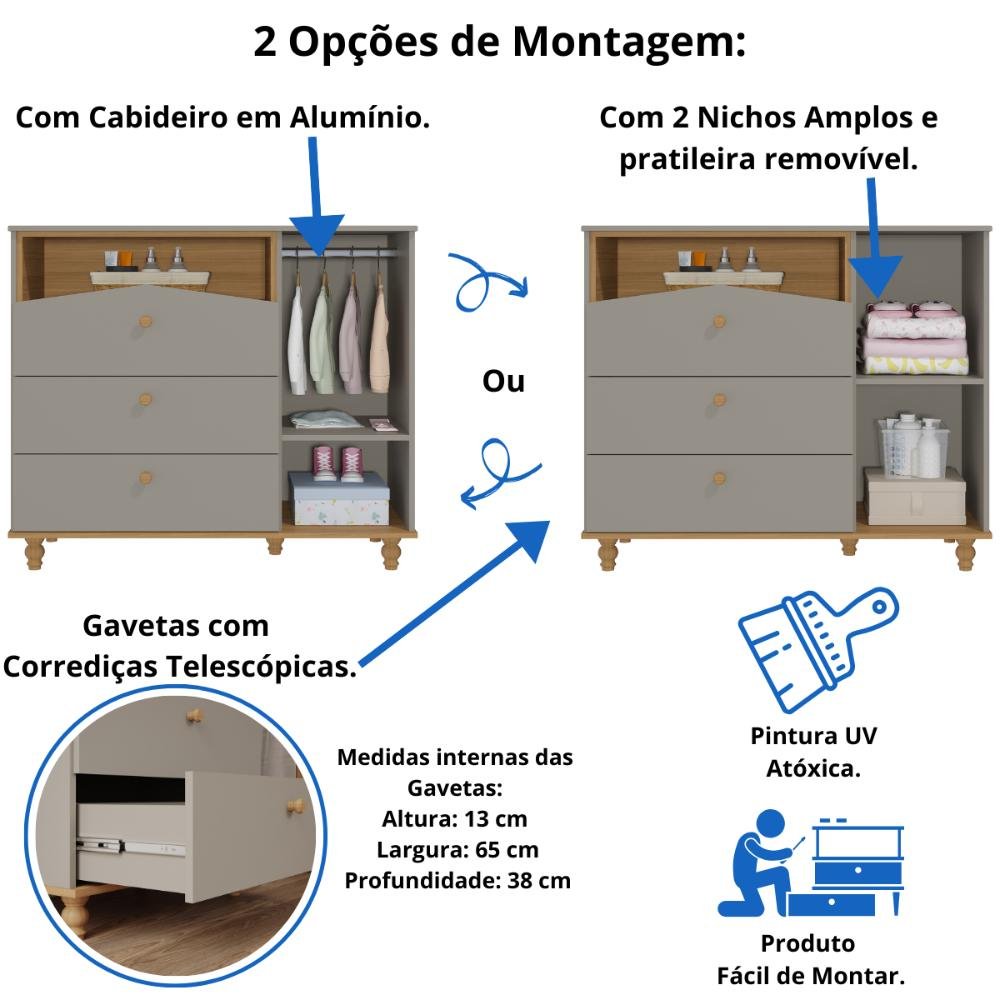 Quarto Bebê Completo Berço Americano 3 em 1 Cômoda 1 Porta 100% Mdf - 7