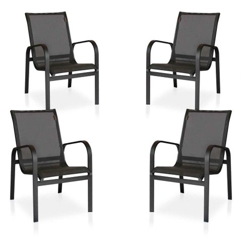 Conjunto 4 Cadeiras Para Varanda, área Externa, Gourmet E Jardim - Preto Em Tela Sling Preto