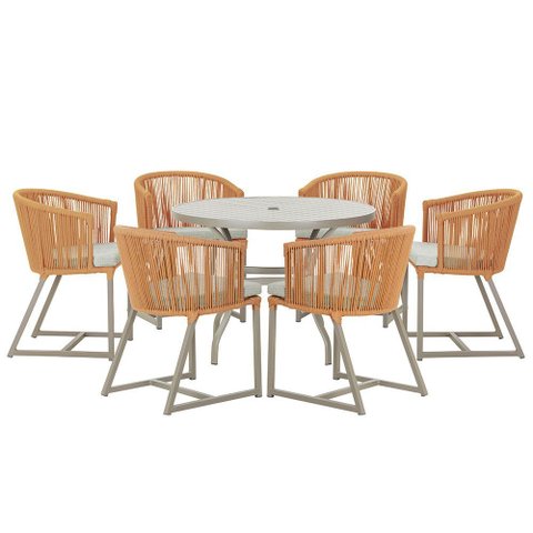 Mesa com 6 Cadeiras de Jantar Roma 120cm e Noronha em Alumínio Fendi Corda Náutica Estofado 3 Trama
