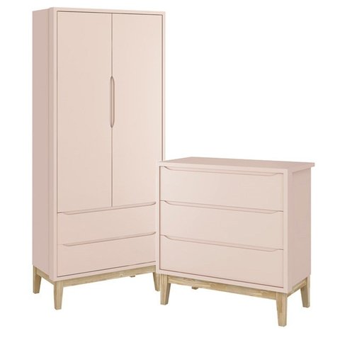 Jogo de Quarto Classic Guarda Roupa 2 Portas e Cômoda 3 Gavetas Rosa Fosco com Pés Madeira Natural -