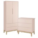 Ver imagem 1 de Jogo de Quarto Classic Guarda Roupa 2 Portas e Cômoda 3 Gavetas Rosa Fosco com Pés Madeira Natural -