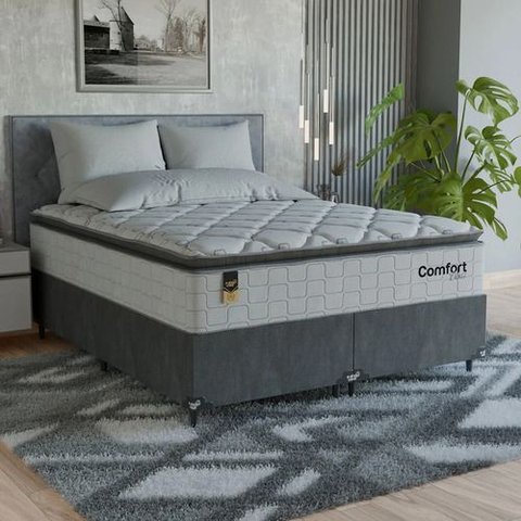 Cama Box Queen + Colchão Comfort Class Pillow Top 158x198cm Branco/suede Cinza