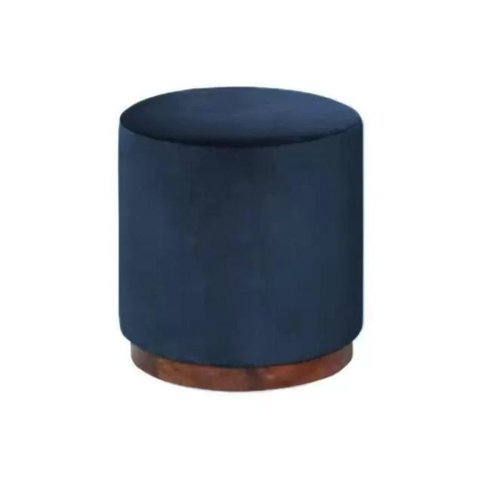 Puff Barcelona Decorativo com Veludo Azul e Base Madeira