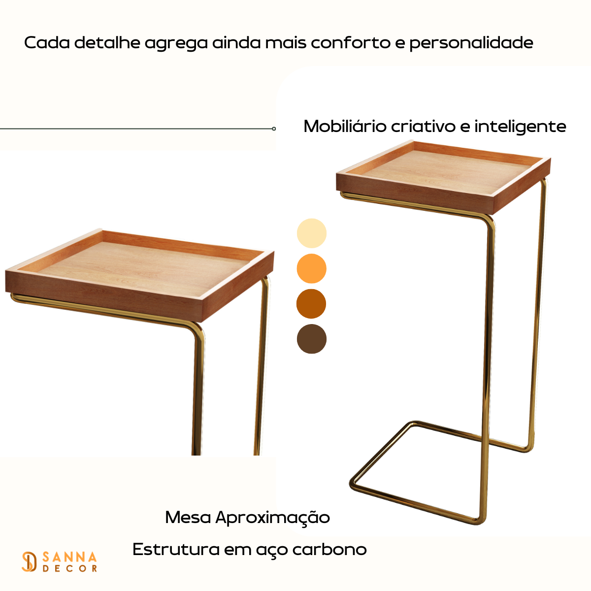 Mesa Lateral de Apoio para Sala Sofá Anny Base em Metal Dourado e Tampo Mel - 4