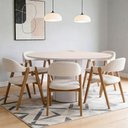 Ver imagem 1 de Mesa Redonda Tampo de Vidro Verbena 135cm Off White N01 com 6 Cadeiras Nadja Linho Cru - Lyam Decor