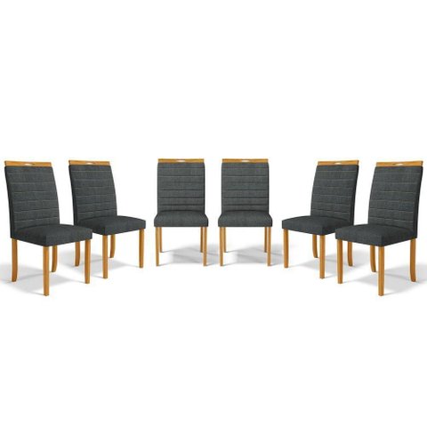 Kit com 6 Cadeiras Sara Madeira Maciça Estofadas para Mesa de Jantar Linho Chumbo 406