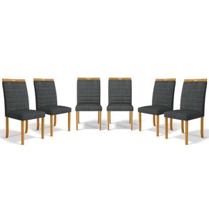 Kit com 6 Cadeiras Sara Madeira Maciça Estofadas para Mesa de Jantar Linho Chumbo 406