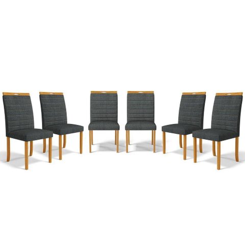 Kit com 6 Cadeiras Sara Madeira Maciça Estofadas para Mesa de Jantar Linho Chumbo 406