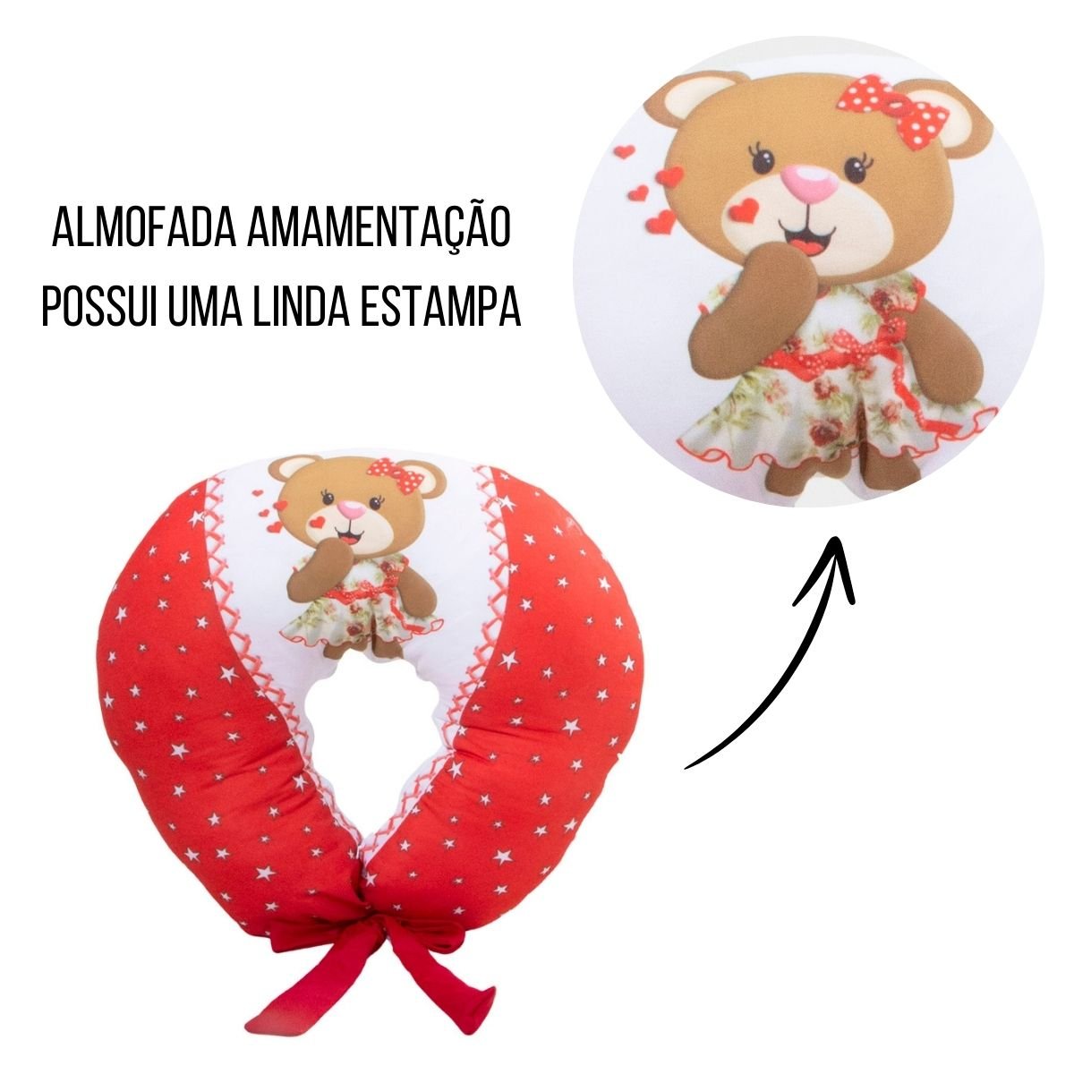 Almofada Amamentação Estampada Bebê Menina com Enchimento e Zíper - Ursa Love Vermelho - 9