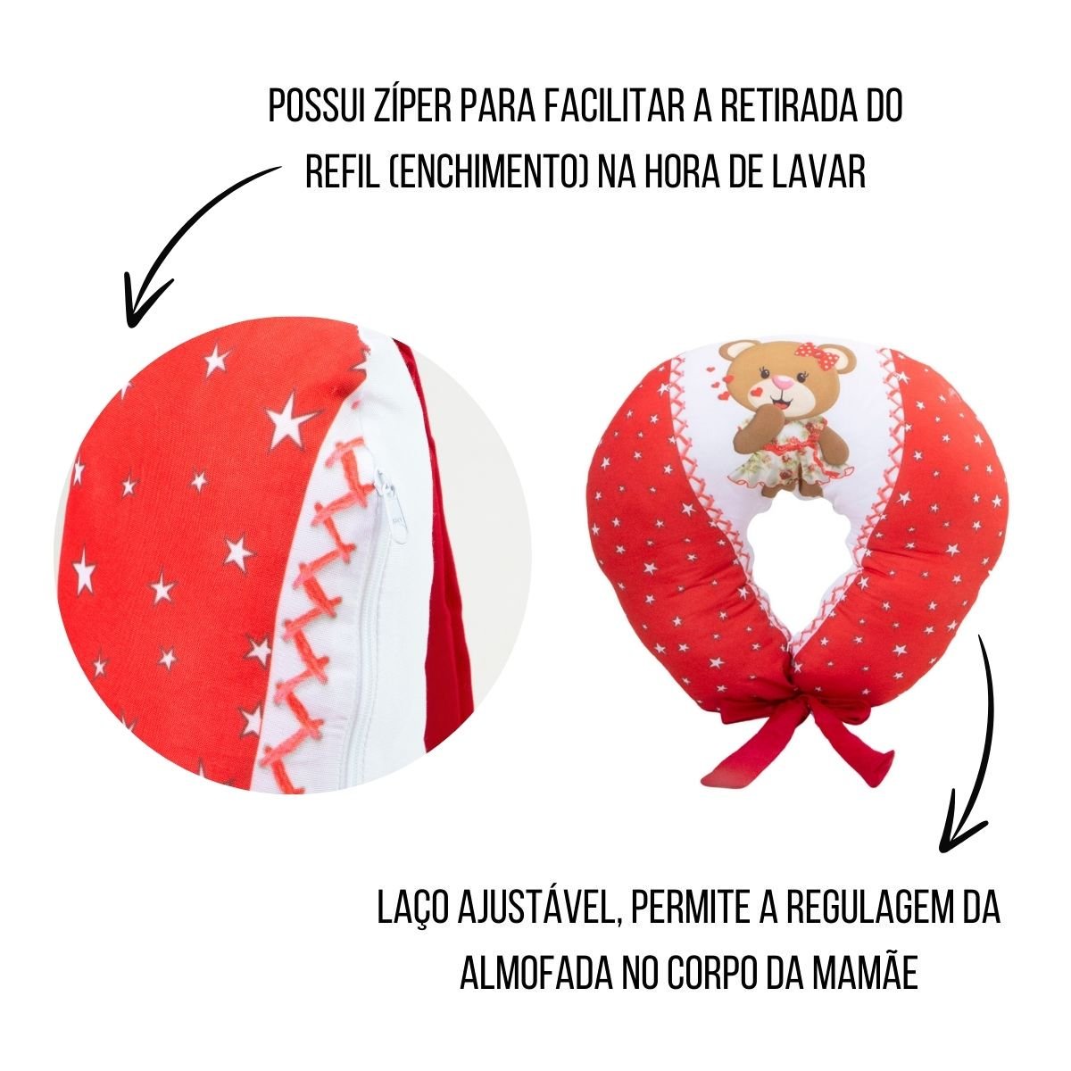 Almofada Amamentação Estampada Bebê Menina com Enchimento e Zíper - Ursa Love Vermelho - 7