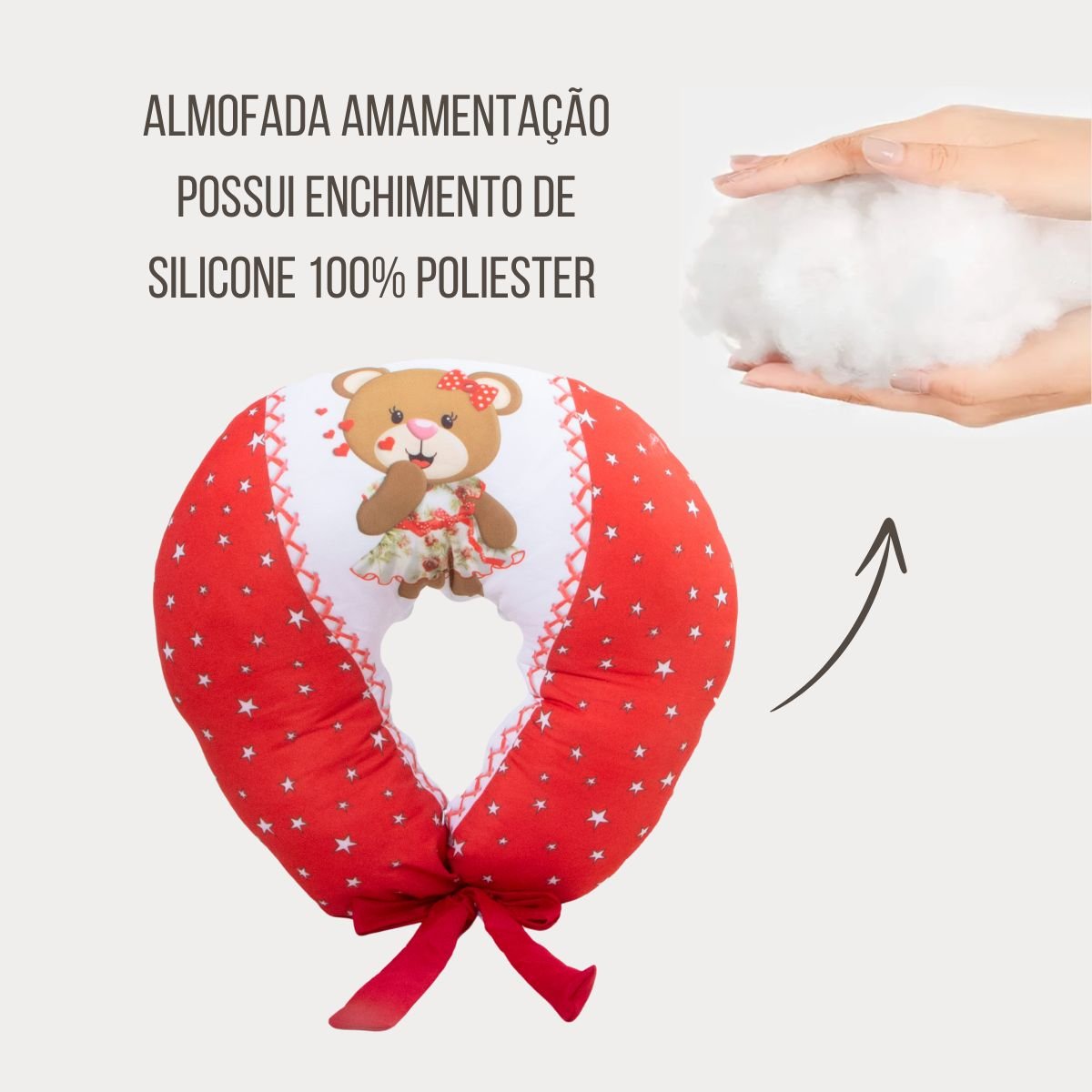 Almofada Amamentação Estampada Bebê Menina com Enchimento e Zíper - Ursa Love Vermelho - 6