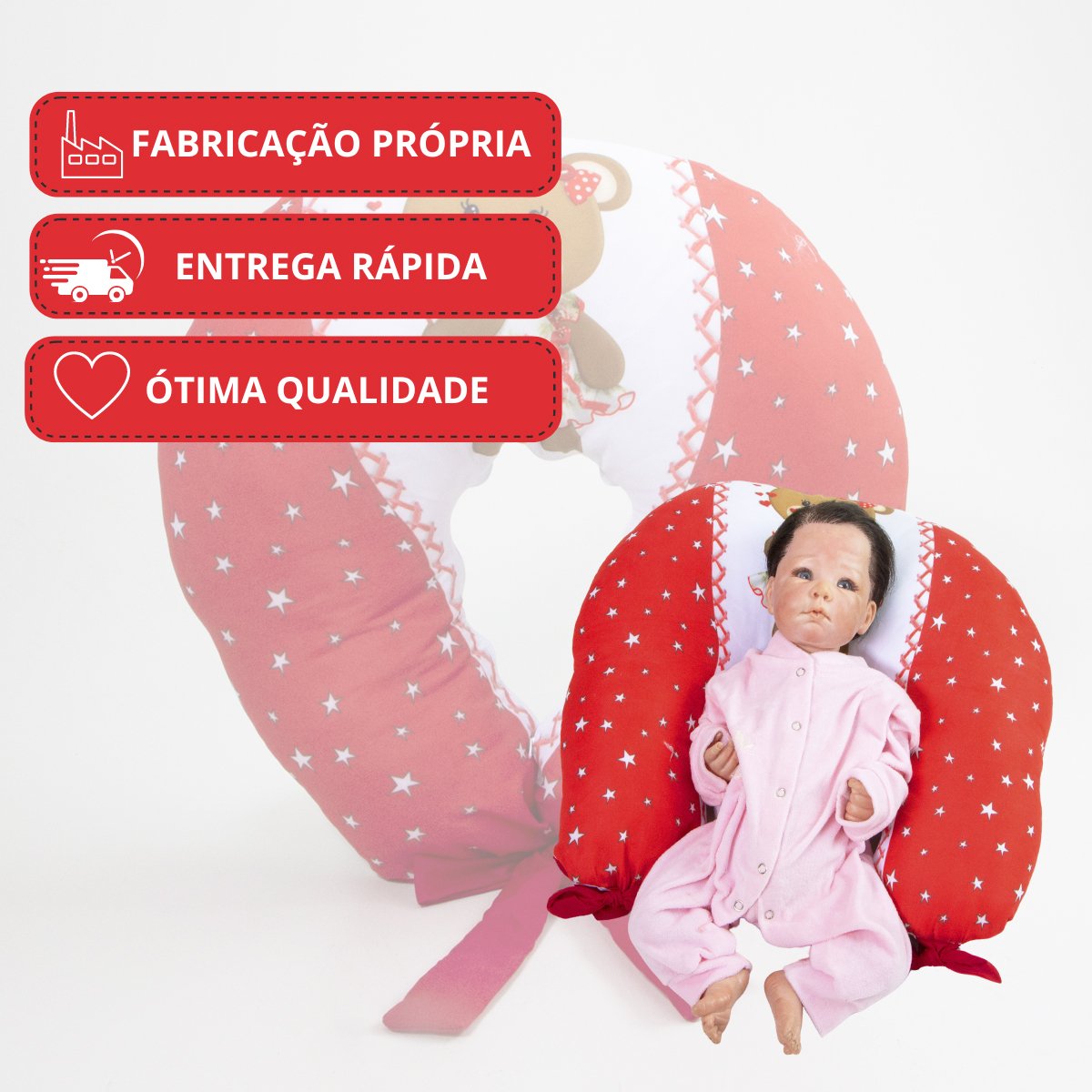 Almofada Amamentação Estampada Bebê Menina com Enchimento e Zíper - Ursa Love Vermelho - 5