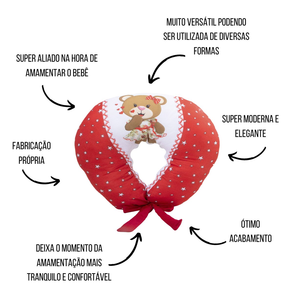 Almofada Amamentação Estampada Bebê Menina com Enchimento e Zíper - Ursa Love Vermelho - 3