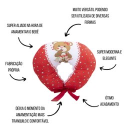 Almofada Amamentação Estampada Bebê Menina com Enchimento e Zíper - Ursa Love Vermelho - 3