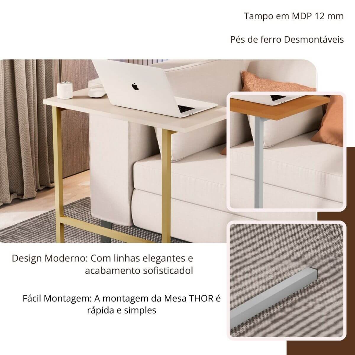 Mesa para Notebook Mdp com Pés de Ferro Thor - Ofertamo - Pérola com Pés Dourado - 3