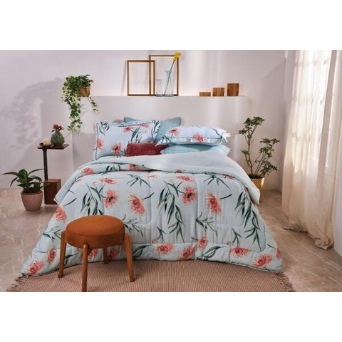 Edredom Casal Dupla Face 100% Cetim Algodão Buque Perfumado 2,20 x 2,40 Turquesa