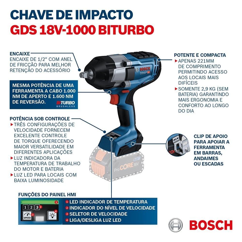 Chave de Impacto a bateria Bosch GDS 18V-1000 BITURBO BRUSHLESS 18V, SB - 2