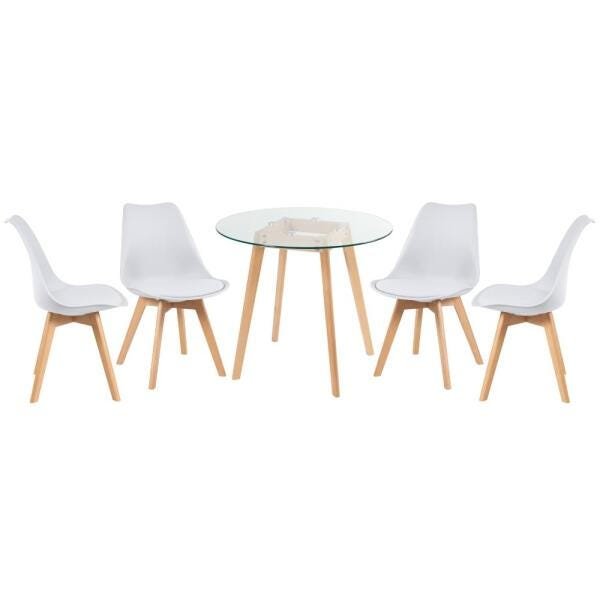 Conjunto de Mesa de Vidro Leda 80cm + 4 Cadeiras Estofadas Leda Branco - 1