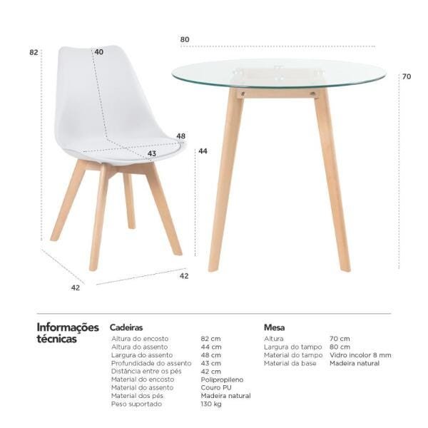 Conjunto de Mesa de Vidro Leda 80cm + 4 Cadeiras Estofadas Leda Branco - 10